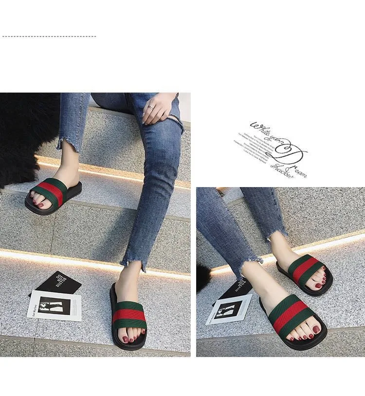 Korean Couple Slippers Non-Slip Rubber Sole Comfortable Stripe Women's Slippers Men Shoes Outdoor Flat With Beach Home PVA Sole