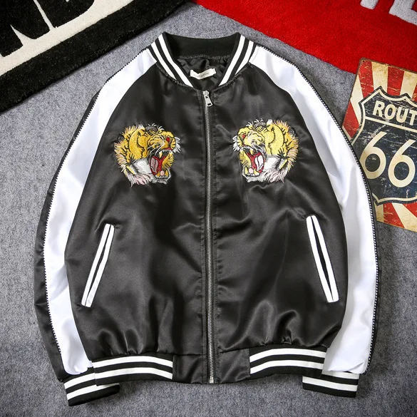 

Japanese-style Couple Clothes Yokosuka Autumn Coat Men And Women Embroidered Tiger Head Satin Baseball Uniform Teenager Spring A