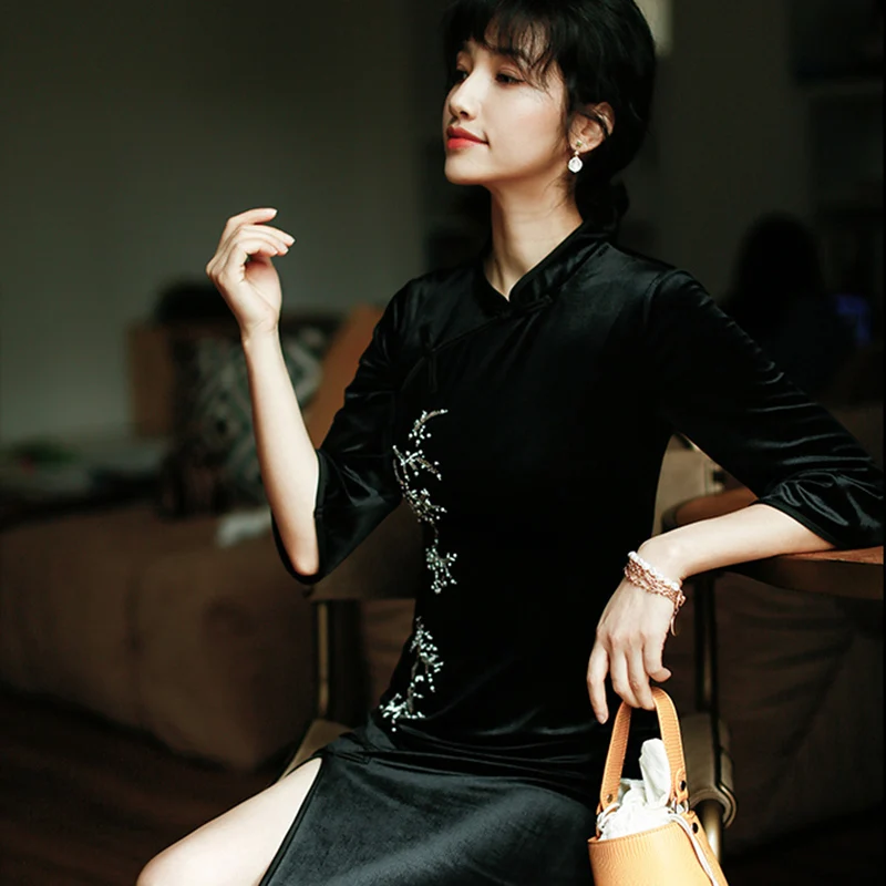 ROJAY китайское модное женское платье Cheongsam с высоким разрезом облегающее