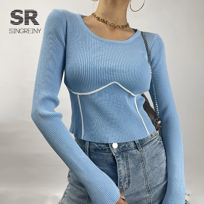 SINGREINY 2021 Women Knitted Sweater Long Sleeves O Neck Solid Elastic Slim Knit Basic Tops Autumn Casual Female Pullovers christmas sweatshirt