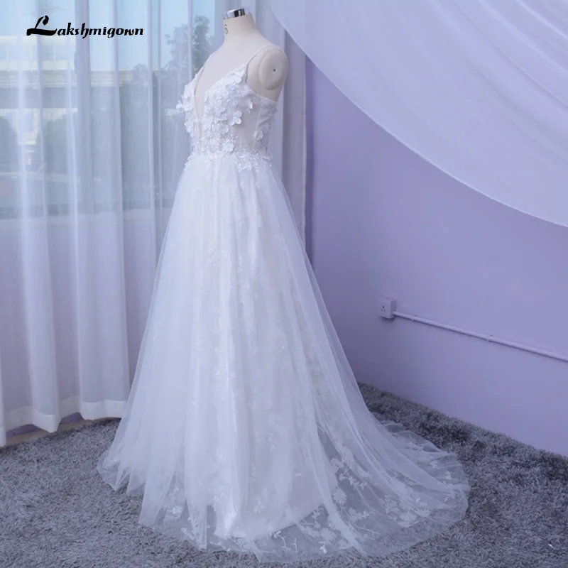 Lakshmigown пляжные богемные Свадебные платья на тонких бретельках с 3D цветком V образным вырезом кружевные богемные вечерние сексуальное свадебное платье