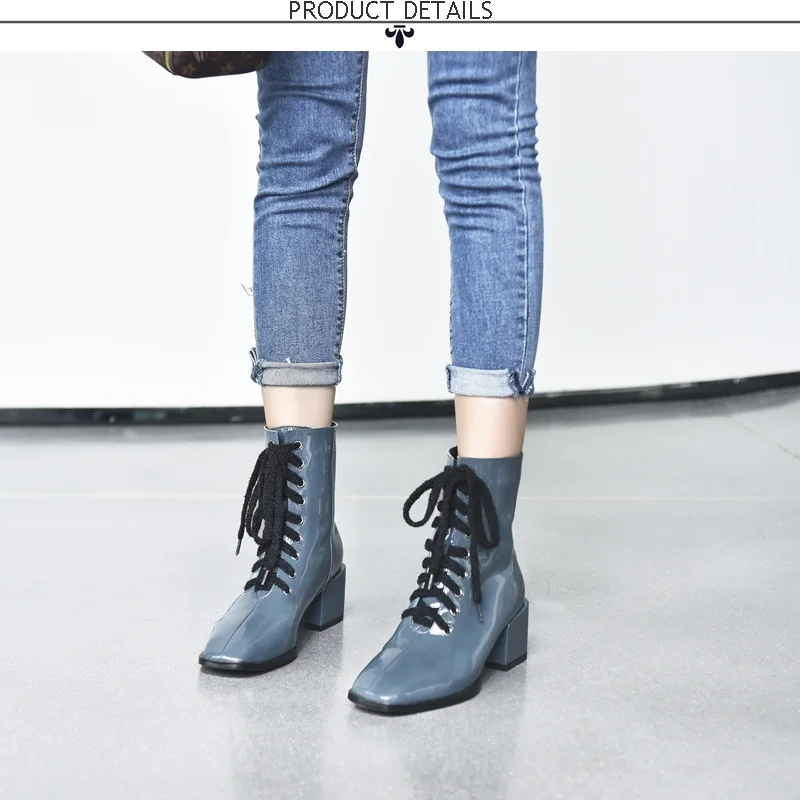 ZVQ/офисные Ботинки из лакированной кожи; модная Брендовая женская обувь на шнуровке; цвет синий, верблюжий; сезон осень-зима ботильоны с квадратным носком; размеры 34-40CN