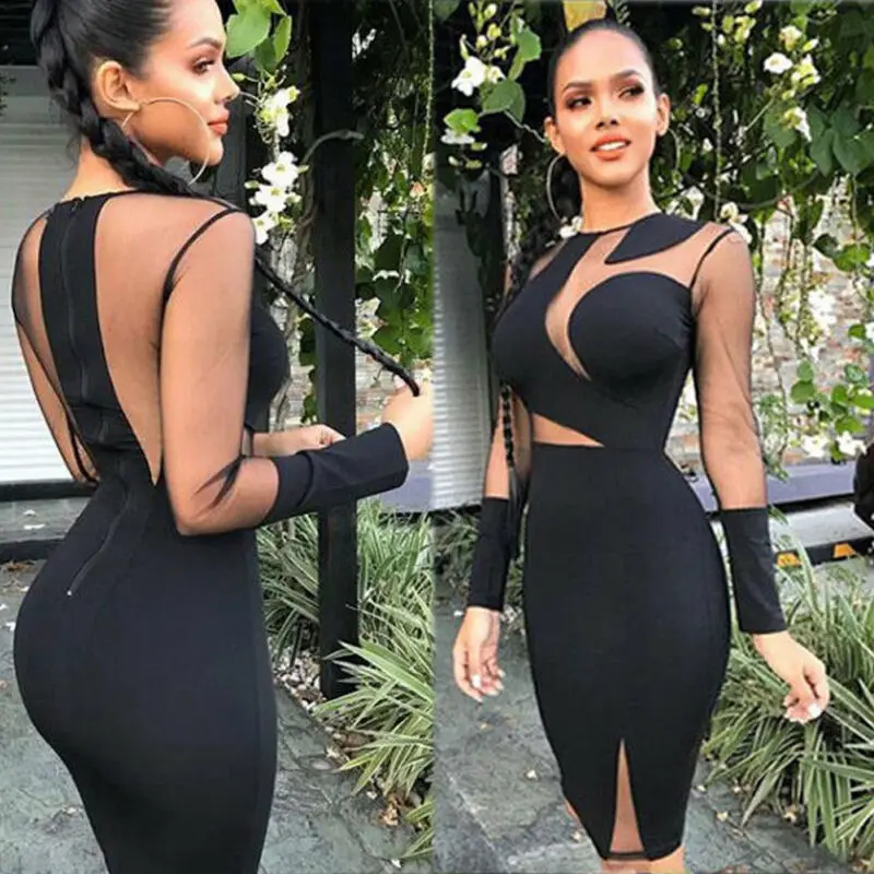 

2019 New Fashion Sexy Women Lady Long Sleeve Bandage Bodycon Casual Solid Party Cocktail Club Short Mini Dress See Through
