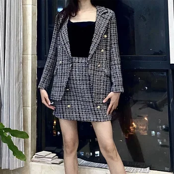 

KUMSVAG 2020 Spring Summer Women Plaid Skirts Suits 2 pieces set Double Breasted Blazers and Skirt Female Elegant Skirt Suits