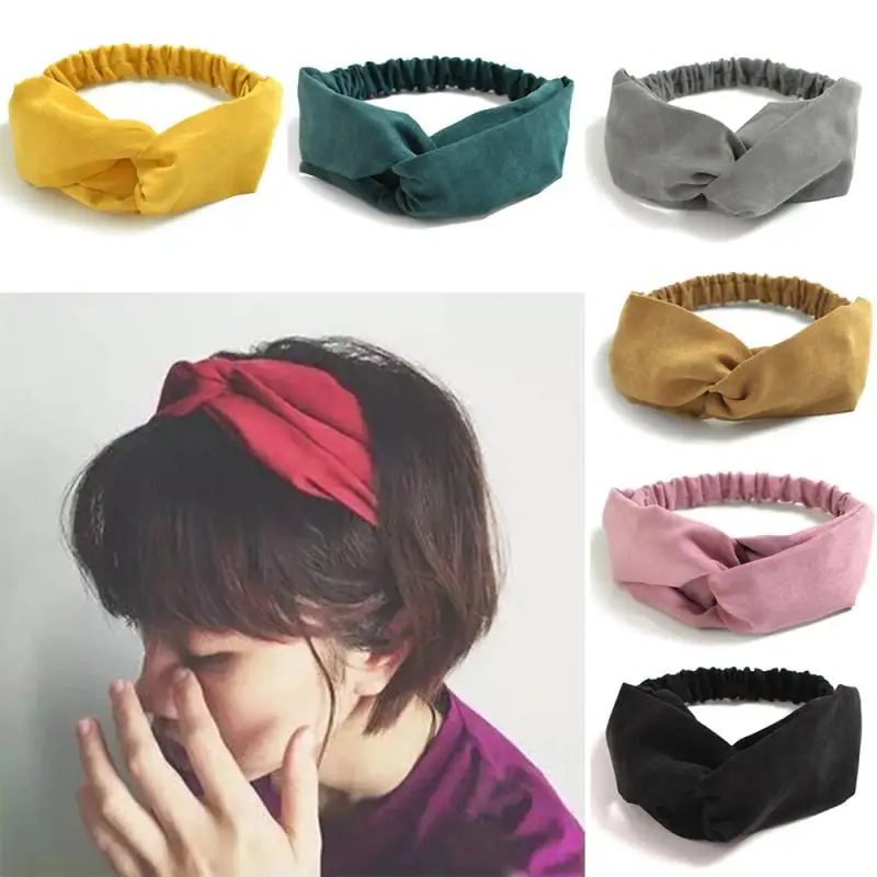 

2020 Solid Color Women Headband Wide Turban Twist Knitted Vintage Hairband Spiral Double Girls Makeup Elastic Hair Accessories