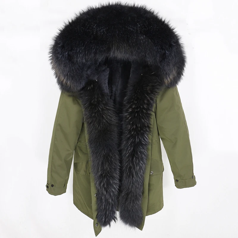 green dark grey Новинка, зимняя женская куртка, пальто с натуральным мехом, парка, натуральный мех енота, воротник с капюшоном, толстая теплая верхняя одежда с искусственным мехом, уличная одежда - Цвет: green dark grey