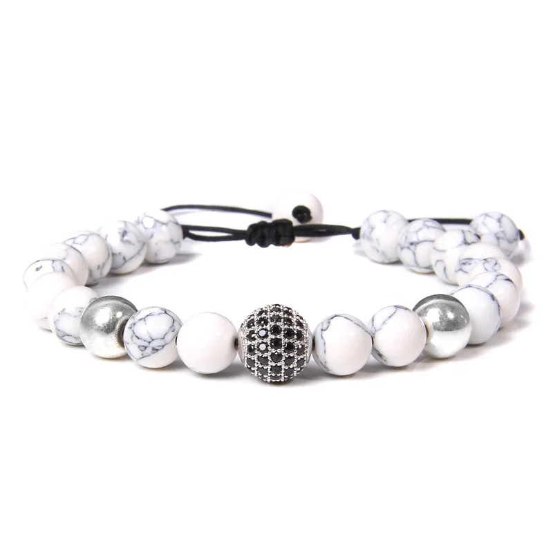 Men Bracelet Natural White Turquoises Beads Fashion Braided Adjuatable CZ Ball Howlite Charm Women Male | Украшения и аксессуары