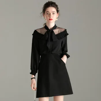 

Dress Women Fashion 2020 Spring OL Mesh Patchwork Bow collar Long sleeve Ruffles Slim A Line Dress Above Knees S-XL