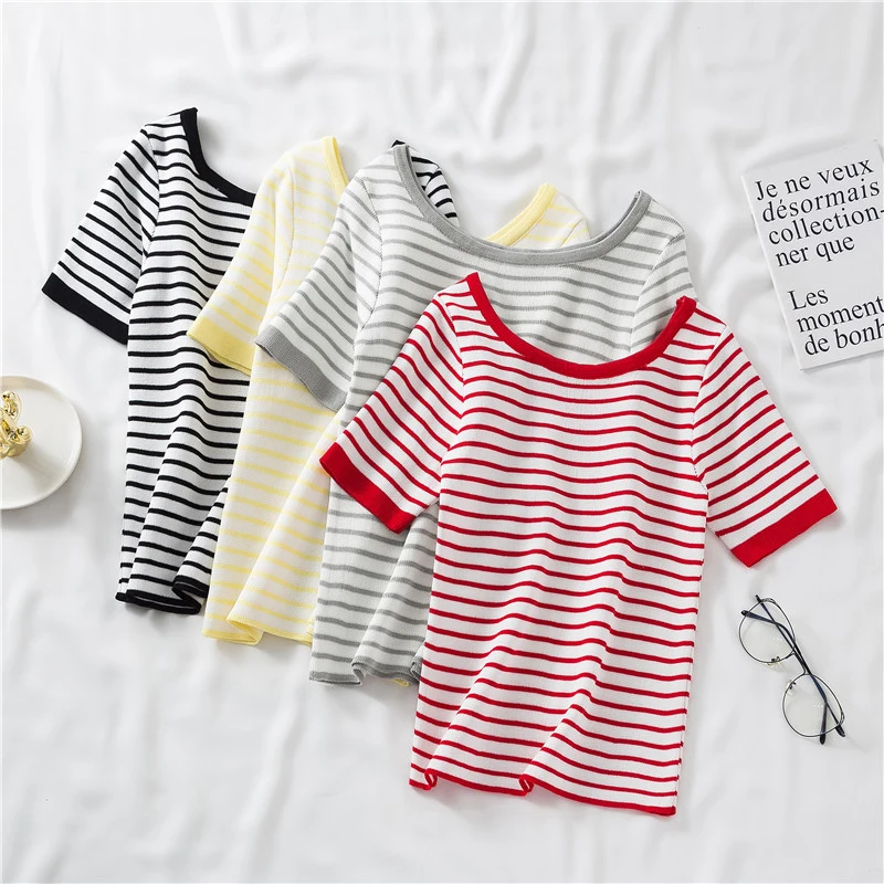

Short-Sleeved Knitted Woman Sweaters 2020 Summer Autumn Casual Pullovers Striped Sweater Women Square Collar Sexy Crop Tops