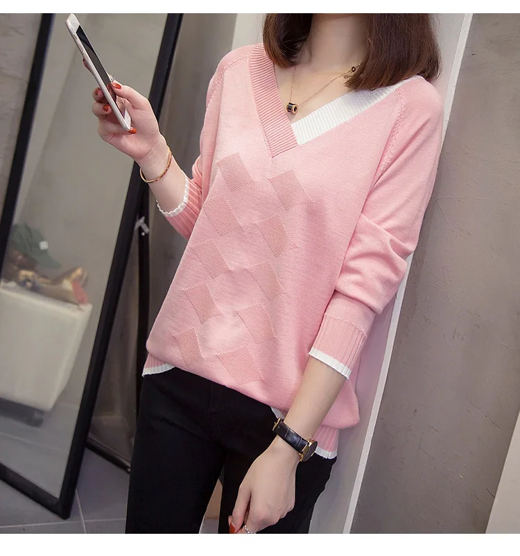 pink Fdfklak размера плюс XL-4XL v-образный вырез женский свитер покрывающий живот тонкий пуловер вязаный джемпер свитера Свободная одежда - Цвет: pink