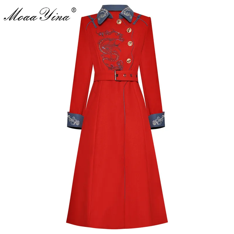 MoaaYina, модное дизайнерское шерстяное пальто, зимнее, женское, длинный рукав, пояс, вышивка, сохраняющее тепло, шерстяное пальто, пальто