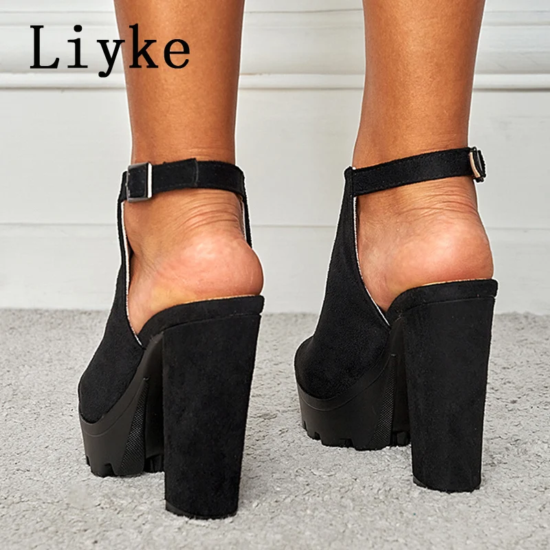 Liyke Women Chunky Platform Sandals Summer Flock Thick High Heels Open Toe Ankle Buckle Strap Ladies Shoes Casual women high heels,platform high heels sandals,platform sandals,ankle buckle sandals