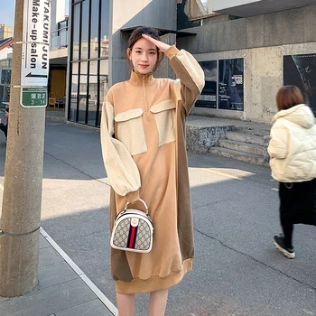

2020 Spring And Autumn New Youth Popular Loose Color Matching Multi-pocket Fashion Casual Wild Stand-up Collar Dress S-XL