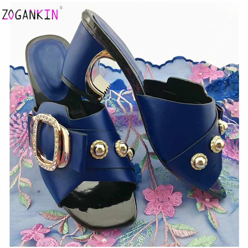 

2019 Ins Hot Selling African Style Slingbacks Nigerian Women Slipper in Royal Blue Nigerian Women Shoes without Bag for Party