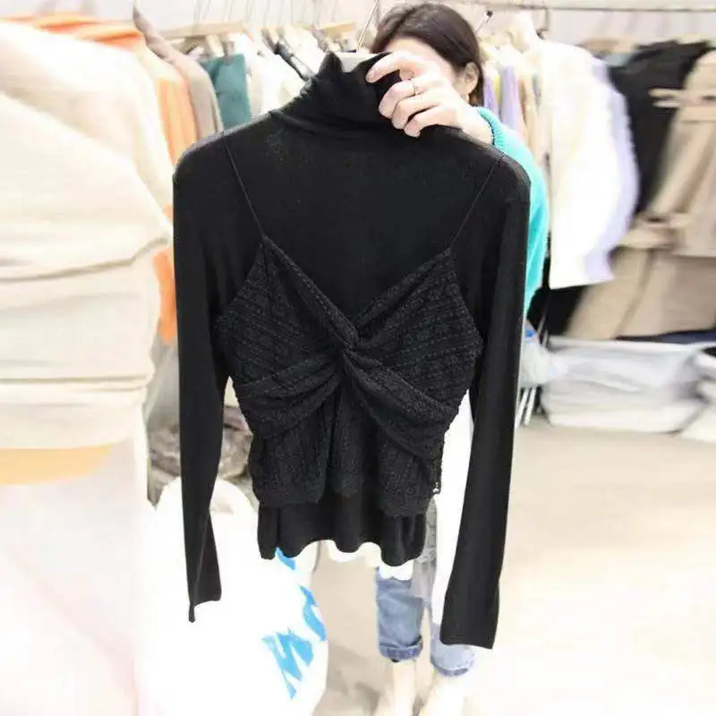 Neploe Turtleneck Pullover Long Sleeve Solid Bottom T Shirt Patchwork Tie Bow Camis Tees Autumn Spring New Ladies Top 48183