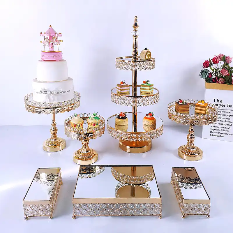 買取公式 ゴールド6 8個クリスタル金属ケーキスタンドセットアクリルミラー装飾デザート台座結婚式パーティーディスプレイトレイ リアル Deltaexperts Mu