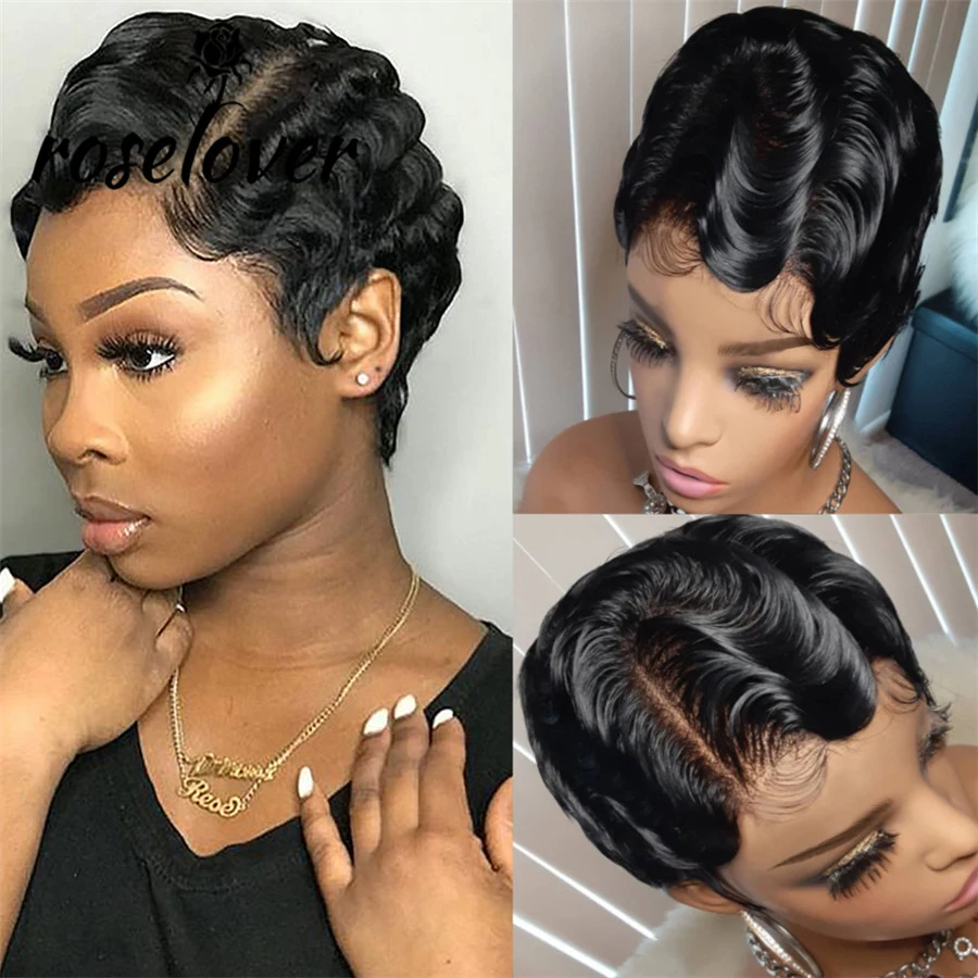 Brazilian Short Pixie Cut Human Hair Wigs Finger Waves Hairstyles For Black Women Cute Cheap Wig Remy Full Machine Made Wigs