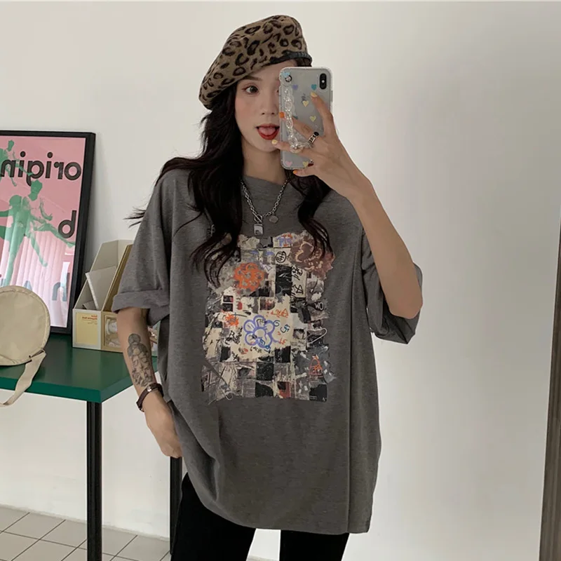 Женские винтажные футболки с принтом повседневные Свободные корейские рубашки в