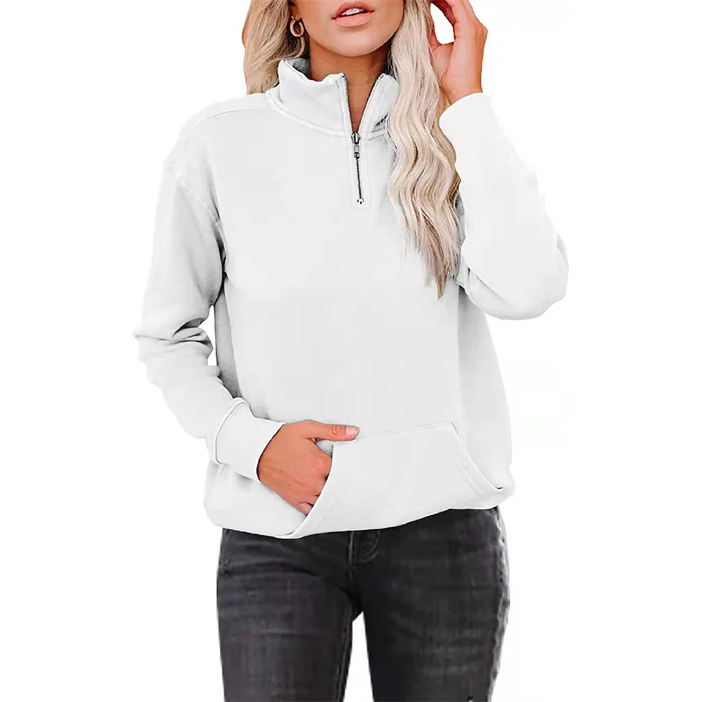 2021 Autumn Winter New Women Sweatshirt Kangaroo Pocket Solid Color Zipper Stand Collar Long Sleeve Ladies Hoodies Pullover Tops