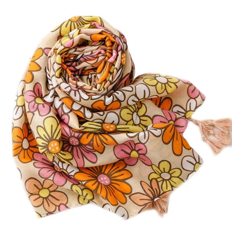 

2021 Красивый хлопковый шарф с подсолнухами и кисточками, шали, длинные шарфы с цветочным принтом, бесплатная доставка