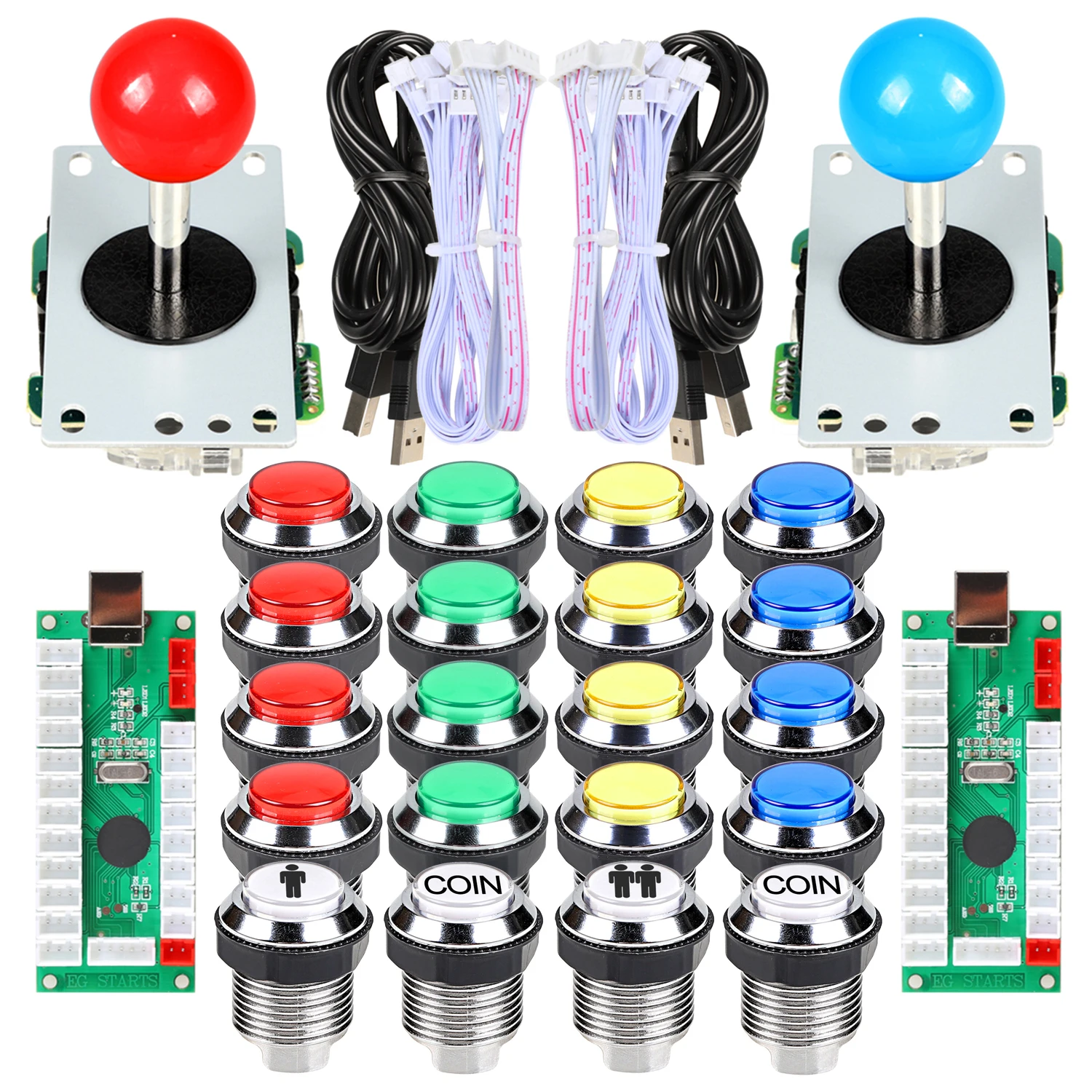 2 Player Arcade Contest DIY Kits USB Encoder To PC Joystick  + LED Chrome Buttons For Arcade Mame Raspberry Pi 2 3 3B Games