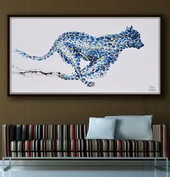 

Modern art hand painted special artworks animal blue cheetah painting on canvas wall art good for hone office decoration