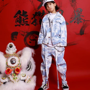 

Nice Quality Kids Hip Hop Clothing Sky Blue Tie-Dye Denim Jacket Children Boys Girl Cropped Stage Costume Performing Outfit 3618
