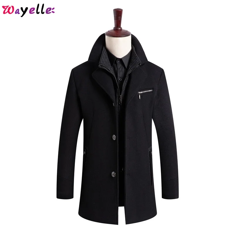 

New Winter Wool Coat Men's Business Casual Solid Color Stand Collar Male Overcoats Long Cotton Formal 4 Buttons Fall Jackets
