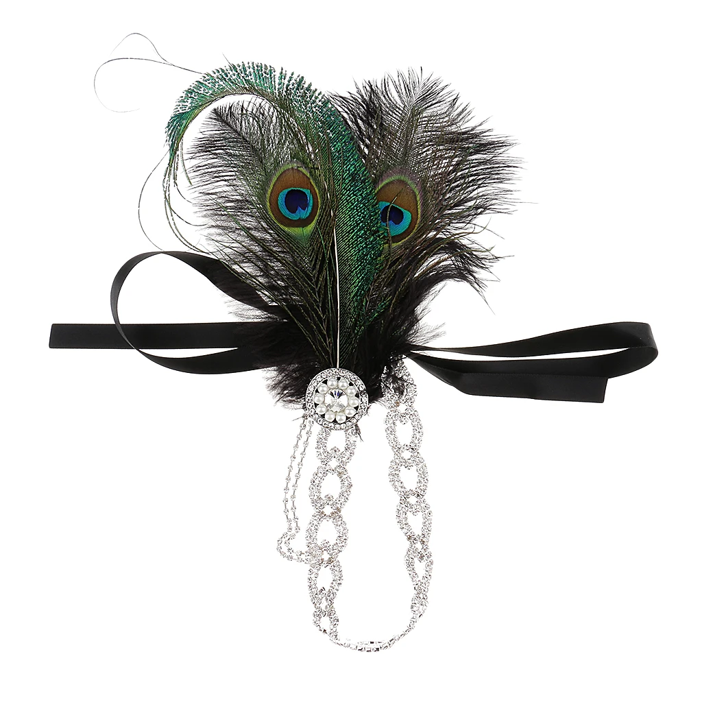 Women Peacock Feather Crystal Chain Tassel Pearls Fascinator 20s Flapper Headband Wedding Party Prom Cocktail Hair Accessory