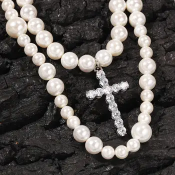 

Cross Simulation 2 Layer White Pearl Necklace Hip Hop Men and Women Precious Necklace Cross Shell Pearl Link