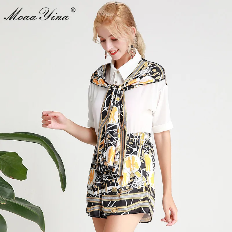 MoaaYina Fashion Designer Runway Suit Spring Summer Women Turn-down Collar Short sleeve Shirt Tops+Shorts Two-piece set