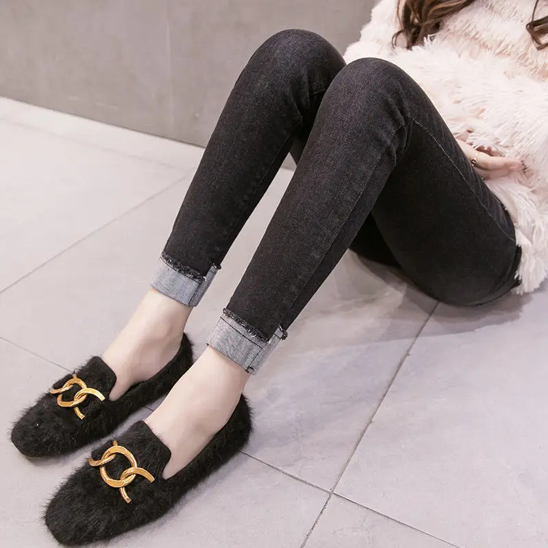 Pregnant women's jeans thickened stretch high-waist pencil pants casual plus velvet