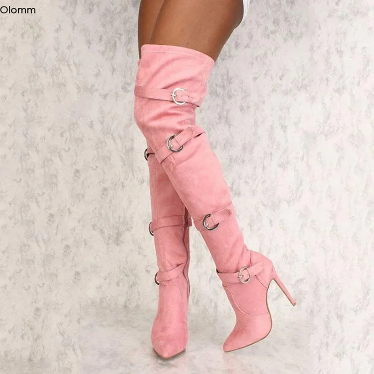 

Olomm New Women Over The Knee Boots Sexy Stiletto Heels Boots Nice Pointed Toe Wine Red Pink Party Shoes Women Plus US Size 5-15