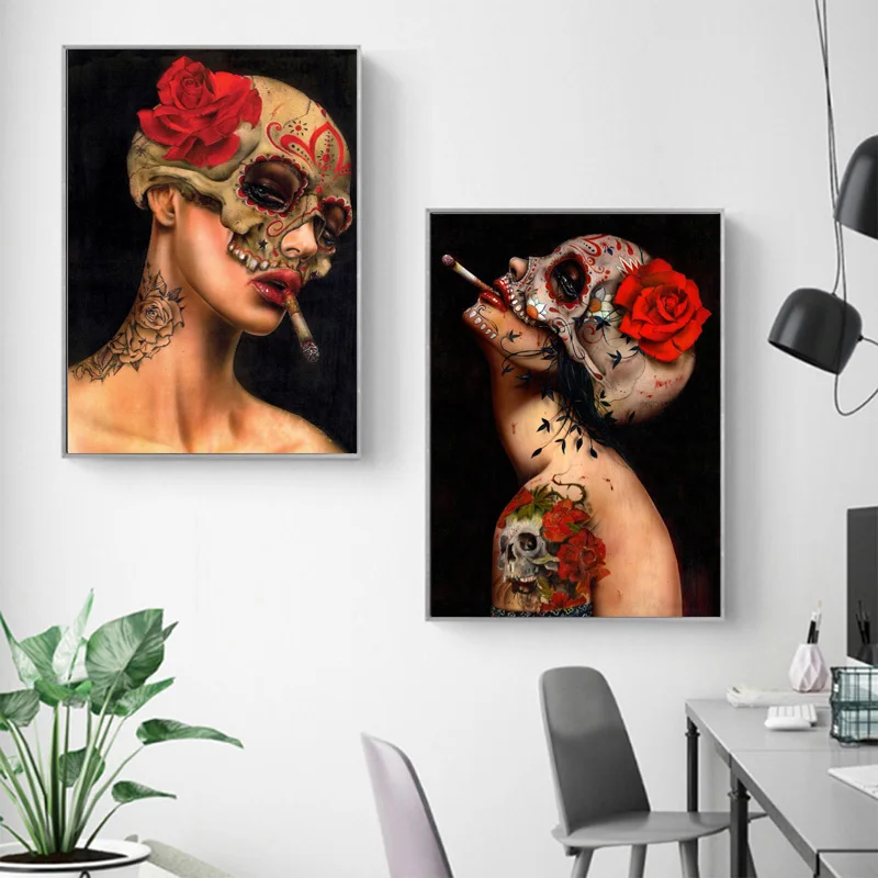 Modern Poster Abstract Sexy Smoking Nude Skull Girl with Flower Tattoo Canvas Painting Wall Pictures for Bar Office Home Decor | Дом и сад