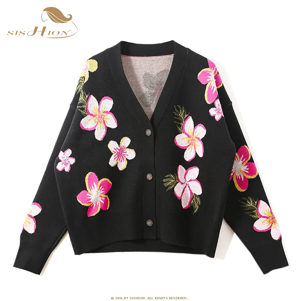 Best Price SISHION Autumn women knitting sweater Retro V-Neck Long sleeves Flower print Cardigan Sweater Thick Coat SP0851 Best Price SISHION Autumn women knitting sweater Retro V-Neck Long sleeves Flower print Cardigan Sweater Thick Coat SP0851