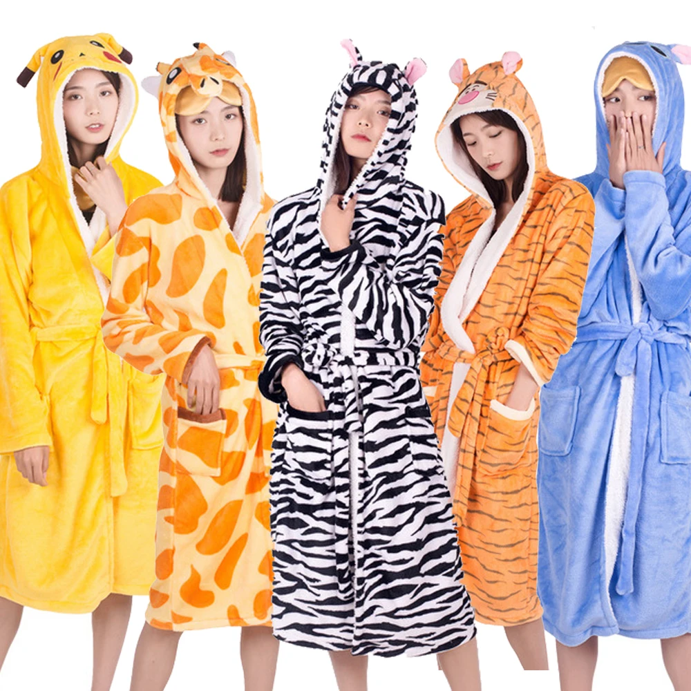 

Kigurumi Women Bathrobe Cartoon Hooded Bath Robe Adult Nightgown Animal Warm Dressing Gown Soft Women's Sleepwears Robes