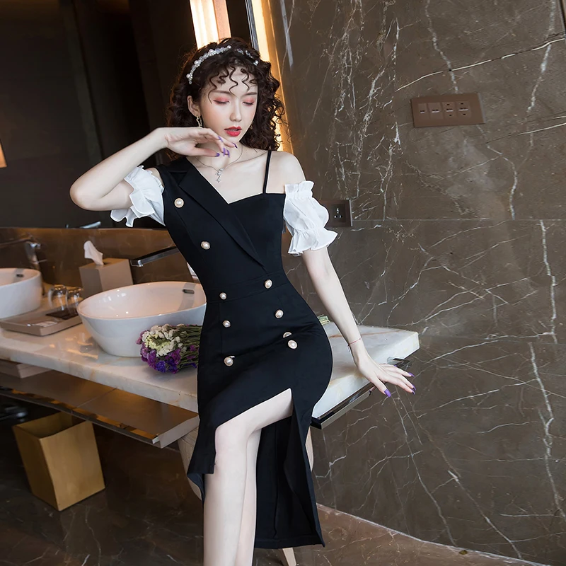

COIGARSAM Sexy Women's one-piece dress Korean Summer Vintage Dresses Black 937
