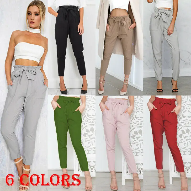

New Pants for Women High Waist Paperbag Trousers Ladies Solid Cigaratte Pants UK Size 6-14