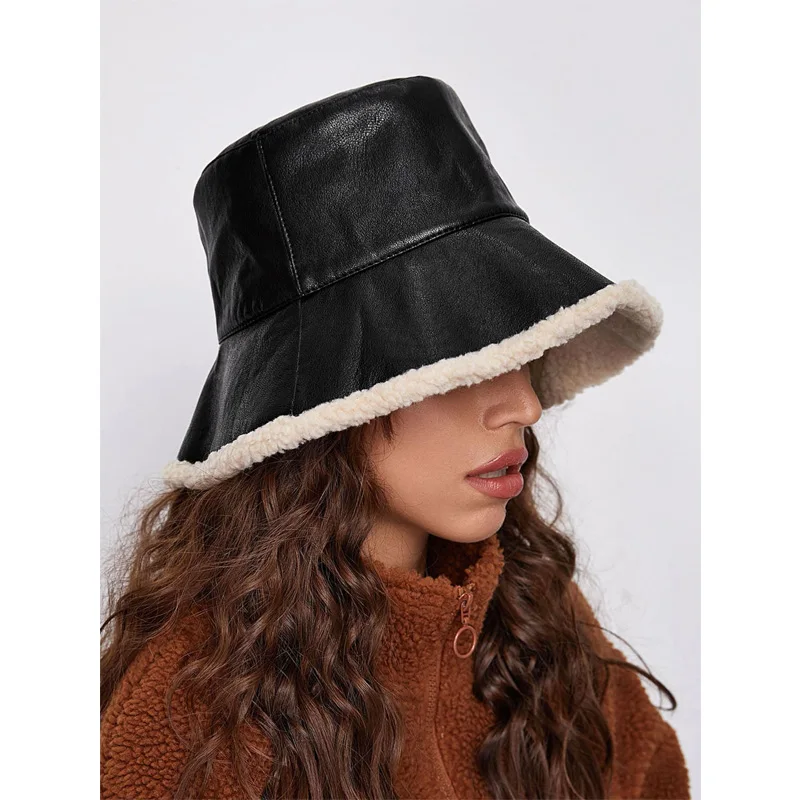 

Autumn Winter Warm Women's Solid Wool Bucket Hat Patchwork PU Leather Black Fisherman Vintage Knitting Basin Cap