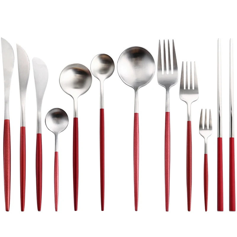 

Red Silver Cutlery Set Aristocratic Party Wedding Home Restaurant Western Tableware Steak Knife Fork Coffee Spoon Teaspoon Set