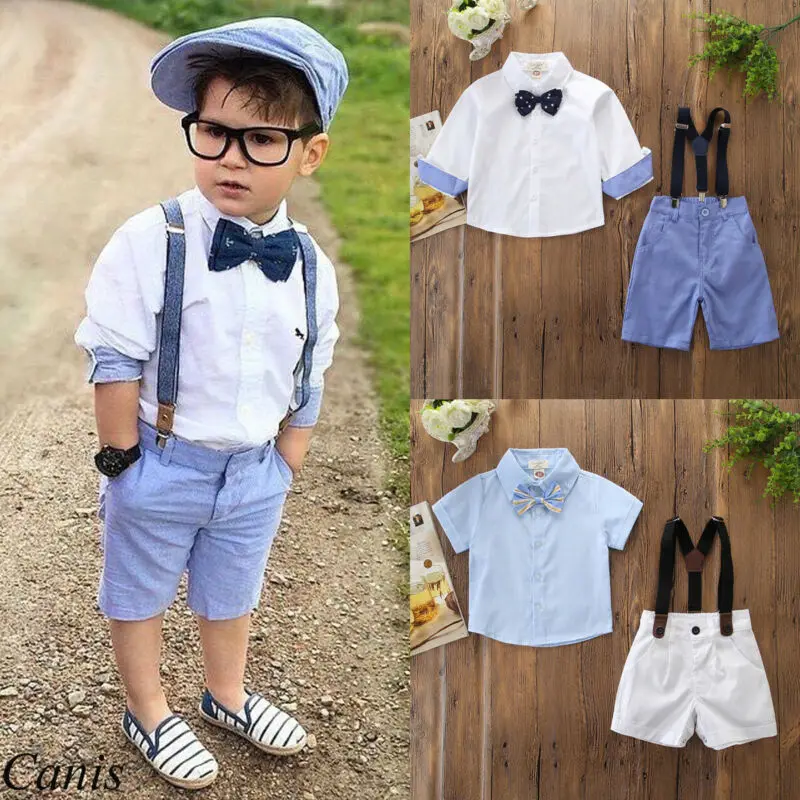 2Pcs Toddler Kids Baby Boy Gentleman Outfit Suits Shirt+Overall Bib