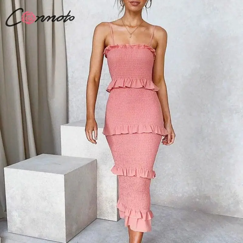 Conmoto оборками bodycon летнее платье для женщин Спагетти ремень пляж размера плюс