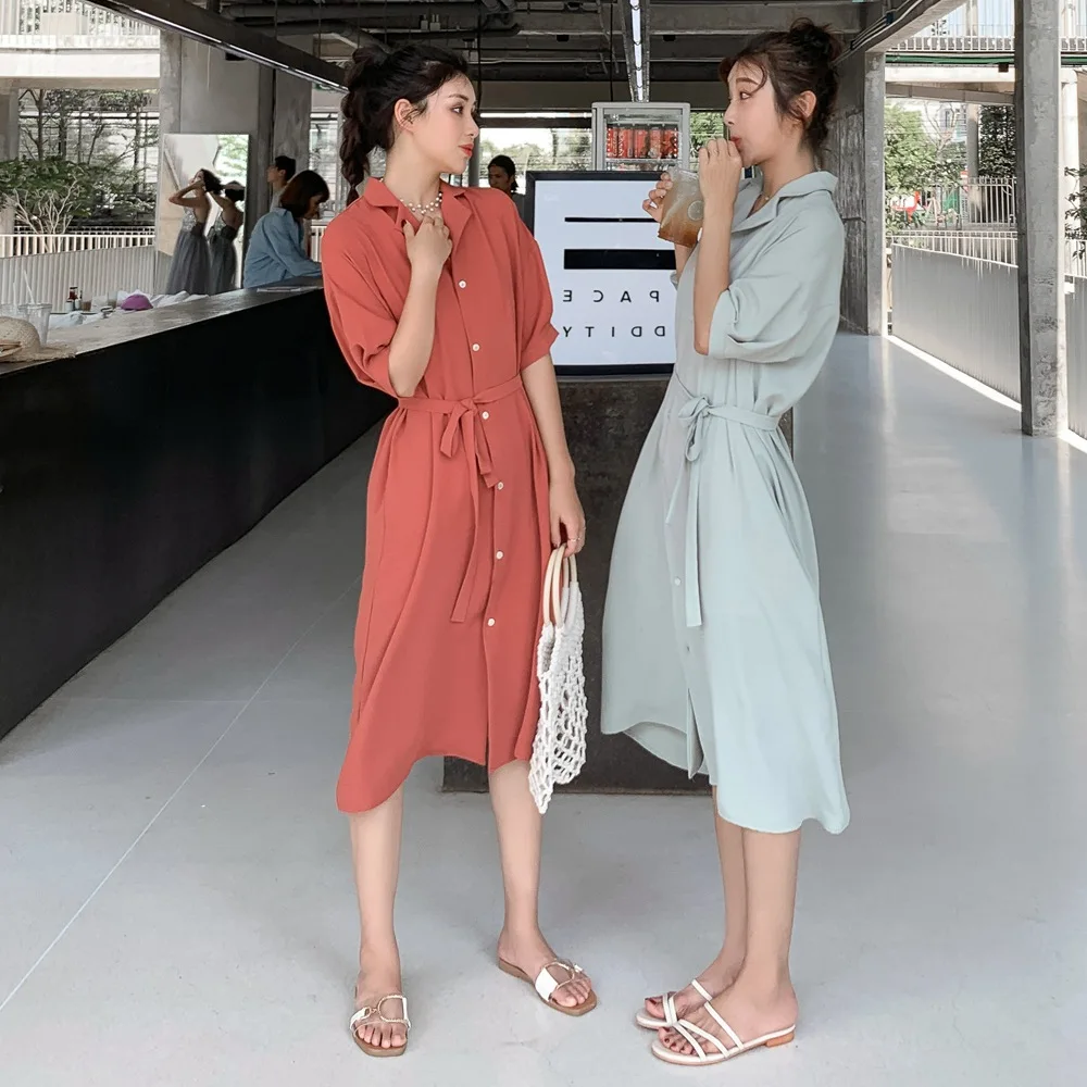 

France Non-mainstream Shirt Dress 2019 Summer New Style Korean-style WOMEN'S Wear Retro CHIC-Style Single-Breasted Waist Hugging