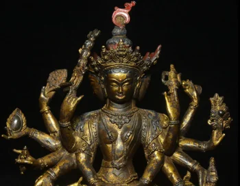 

9" Tibetan Buddhism Bronze Gilt 12 Arms Avalokiteshvara Boddhisattva Statue