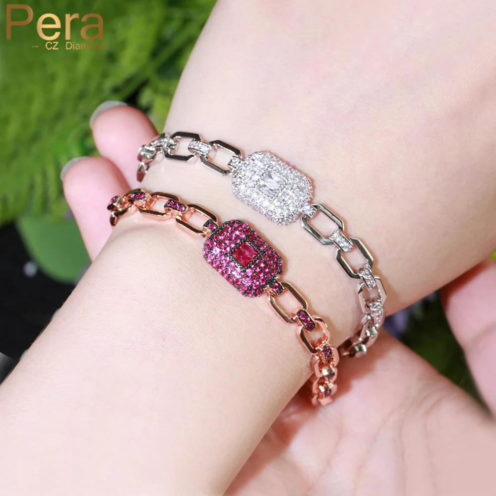 

Pera Hot Pink Square Charm CZ Stone 585 Rose Gold Color Chain Link Bracelets and Bangles for Ladies Fashion Summer Jewelry B210
