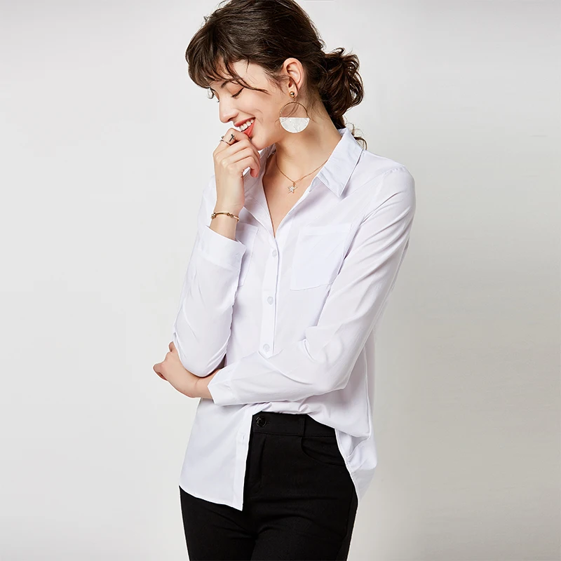 Женские блузки, одноцветная офисная блузка с отложным воротником, Женские официальные рубашки с длинным рукавом, Повседневная рубашка размера плюс, Топ