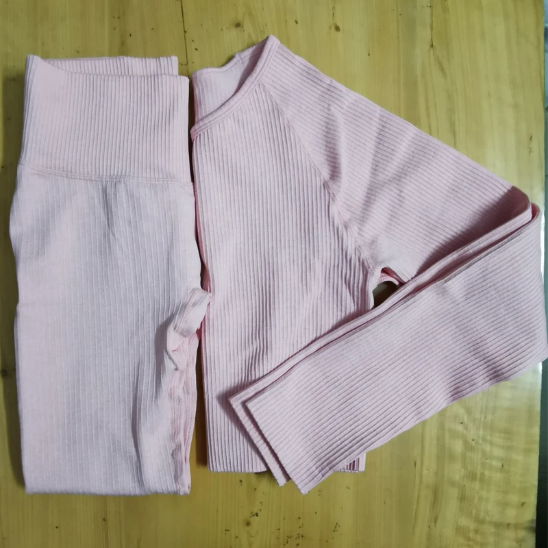 Женский комплект 2 шт., ребристые бесшовные комплекты для йоги с длинным рукавом, одежда для тренировок для женщин, спортивные Леггинсы с высокой талией, Топ с длинным рукавом - Цвет: Pink Set
