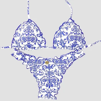 

Women's Beachwear Swimsuit Chinese Blue and White Porcelain Digital Print Sexy Split Bikini Swimwear Women Bathing Suit Women