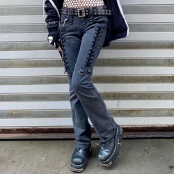 2022 vintage bandage jeans cintura baixa y2k estético magro calças de comprimento total streetwear calças jeans coreano para meninas