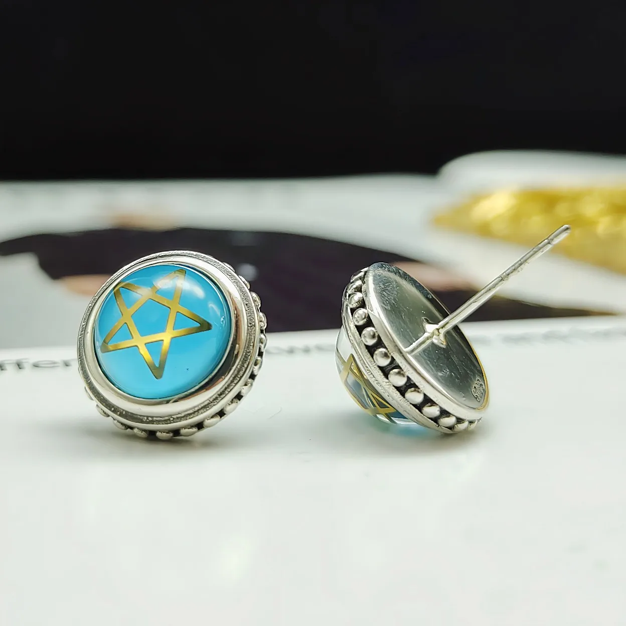 new S925 sterling silver earrings female niche design pentagram gemstone earrings